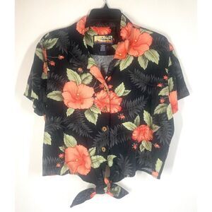 Havana Jack's Cafe Navy Short Sleeve Floral Button Up Hawaiian Shirt Women L